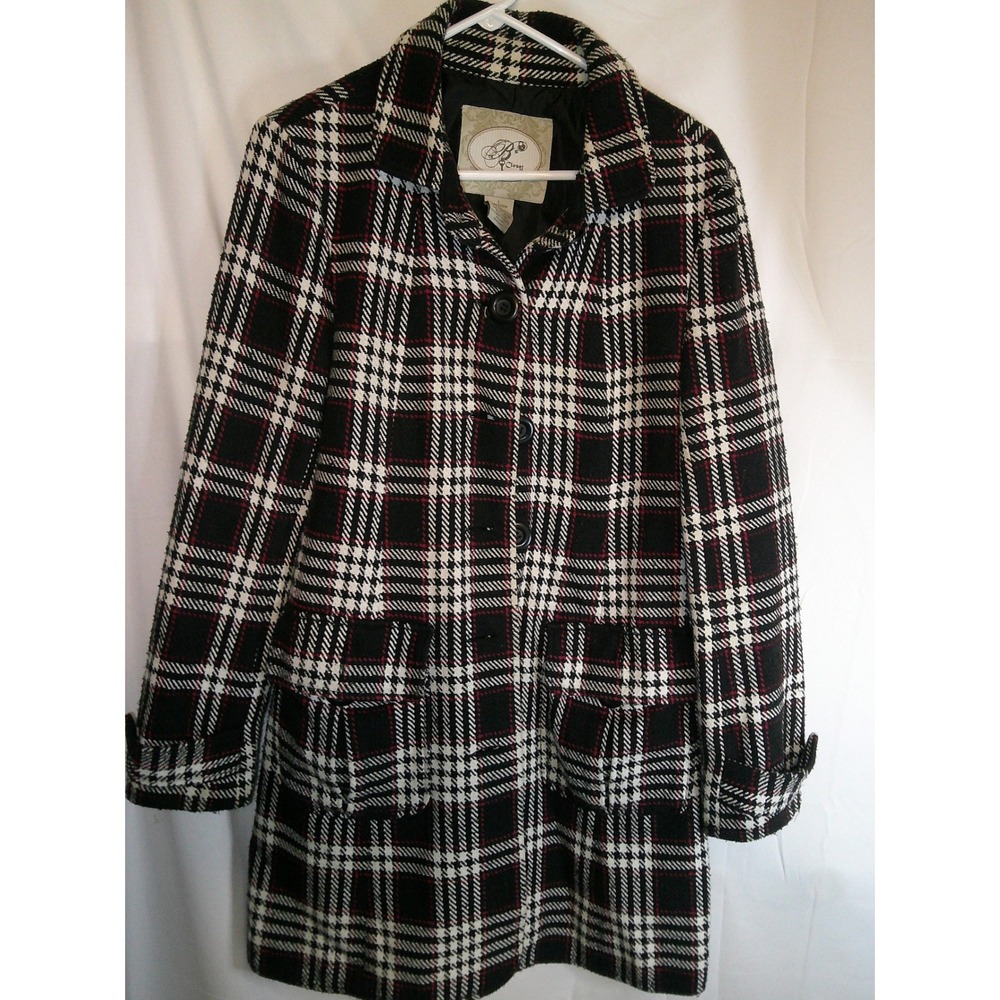 Vintage B's Closet Plaid Coat Black White Red‎ Checkered Outerwear Jacket L